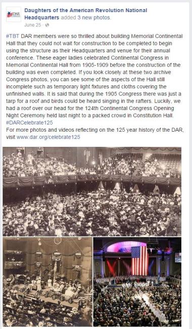 ‪#‎TBT‬ DAR members were so thrilled about building Memorial Continental Hall that they could not wait for construction to be completed to begin using the structure as their Headquarters and venue for their annual conference. These eager ladies celebrated Continental Congress in Memorial Continental Hall from 1905-1909 before the construction of the building was even completed. If you look closely at these two archive Congress photos, you can see some of the aspects of the Hall still incomplete such as temp