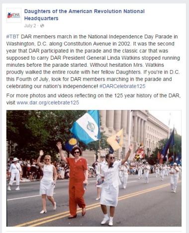‪#‎TBT‬ DAR members march in the National Independence Day Parade in Washington, D.C. along Constitution Avenue in 2002. It was the second year that DAR participated in the parade and the classic car that was supposed to carry DAR President General Linda Watkins stopped running minutes before the parade started. Without hesitation Mrs. Watkins proudly walked the entire route with her fellow Daughters. If you're in D.C. this Fourth of July, look for DAR members marching in the parade and celebrating our nati