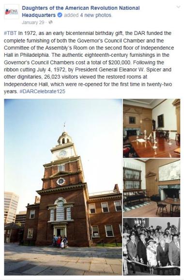 #‎TBT‬ In 1972, as an early bicentennial birthday gift, the DAR funded the complete furnishing of both the Governor’s Council Chamber and the Committee of the Assembly’s Room on the second floor of Independence Hall in Philadelphia. The authentic eighteenth-century furnishings in the Governor’s Council Chambers cost a total of $200,000. Following the ribbon cutting July 4, 1972, by President General Eleanor W. Spicer and other dignitaries, 26,023 visitors viewed the restored rooms at Independence Hall, whic