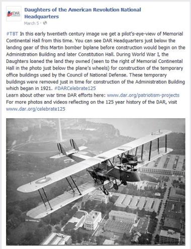 #‎TBT‬ In this early twentieth century image we get a pilot’s-eye-view of Memorial Continental Hall from this time. You can see DAR Headquarters just below the landing gear of this Martin bomber biplane before construction would begin on the Administration Building and later Constitution Hall. During World War I, the Daughters loaned the land they owned (seen to the right of Memorial Continental Hall in the photo just below the plane’s wheels) for construction of the temporary office buildings used by the C