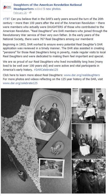 #‎TBT‬ Can you believe that in the DAR’s early years around the turn of the 20th century – more than 100 years after the end of the American Revolution – there were members who actually were DAUGHTERS of those who contributed to the American Revolution. “Real Daughters” are DAR members who joined through the Revolutionary War service of their very own father. In the early years of the National Society, there were 767 Real Daughters among our members!  Beginning in 1903, DAR worked to ensure every potential 