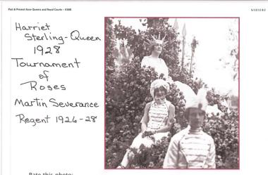 Lady Liberty as Queen of the 1928 Rose Parade, also Regent of Martin Severance Chapter, Pasadena, California at the time