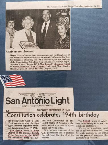  Through the years, the DAR Chapters in San Antonio TX have worked together to celebrate historical events. Here are articles from September 1981 with the celebration of the 194th Anniversary of the drafting of the Constitution.