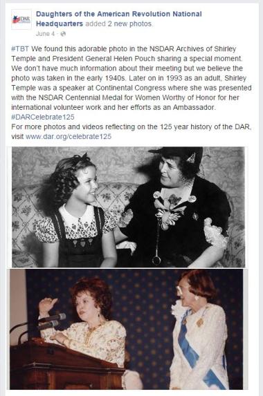 #‎TBT‬ We found this adorable photo in the NSDAR Archives of Shirley Temple and President General Helen Pouch sharing a special moment. We don’t have much information about their meeting but we believe the photo was taken in the early 1940s. Later on in 1993 as an adult, Shirley Temple was a speaker at Continental Congress where she was presented with the NSDAR Centennial Medal for Women Worthy of Honor for her international volunteer work and her efforts as an Ambassador. ‪#‎DARCelebrate125‬ For more photo