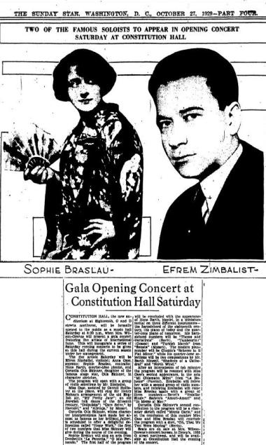 The Evening Star newspaper on October 27, 1929, included an article about the upcoming Gala Opening Concert at Constitution Hall.
