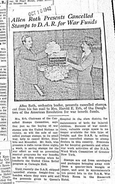  DAR has always been committed to supporting American men and women in uniform. This press clipping from 1942 describes our work to collect cancelled stamps on behalf of the war effort. Mrs. Erb would go on to be Mrs. Sullivan -- and President General during the Vietnam War.