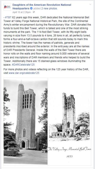 ‪#‎TBT‬ 62 years ago this week, DAR dedicated the National Memorial Bell Tower at Valley Forge National Historical Park, the site of the Continental Army's winter encampment during the Revolutionary War. DAR donated the funds to build this Bell Tower, which is tallest and one of the most striking monuments at the park. The 114-foot Bell Tower, with its fifty-eight bells varying in size from 13.5 pounds to 4 tons, 26 tons in all, all perfectly tuned, forms a four-and-a-half-octave carillon that still sounds 