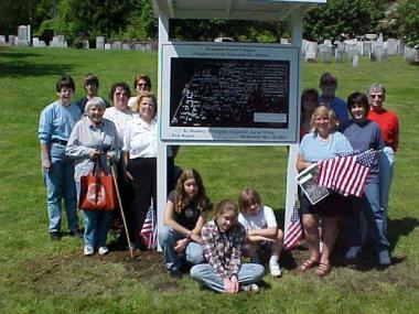  The Trumbull-Porter erected this new information kiosk in the Old Burying Ground in Watertown, CT in 2005. It holds a large plot map that gives the numbers of all of the gravestones and there are printed indexes of corresponding names on the side so that specific gravestones can be more easily found. The klosk was given in memory of member Virginia Copeland White who was very instrumental in preserving this cemetery, the first one in Watertown.