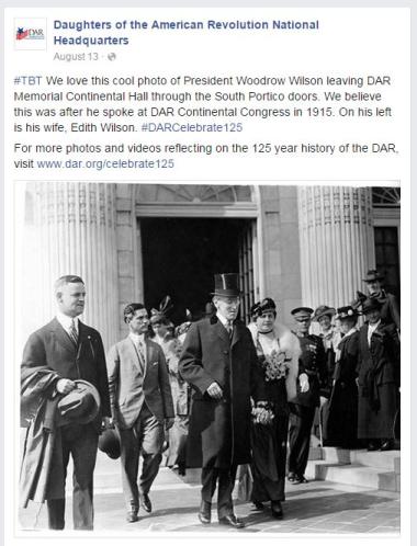 ‪#‎TBT‬ We love this cool photo of President Woodrow Wilson leaving DAR Memorial Continental Hall through the South Portico doors. We believe this was after he spoke at DAR Continental Congress in 1915. On his left is his wife, Edith Wilson. ‪#‎DARCelebrate125‬ For more photos and videos reflecting on the 125 year history of the DAR, visit www.dar.org/celebrate125