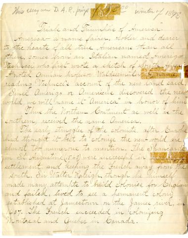 #‎TBT‬ For the first DAR American History Essay Contest in 1898, Theopholus William Krug wrote this award-winning essay, “Trials and Triumphs of America.” As his reward, Krug received $5 from the New York DAR. This original copy of the essay is on display in the Americana Room at DAR National Headquarters. Over the years, the American History Essay Contest became a nationally coordinated program that encourages young people to think creatively about American history. Thousands of students in the 5th - 8th g